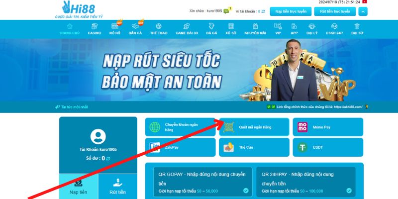 Quét mã QR để nạp tiền vào Hi88 